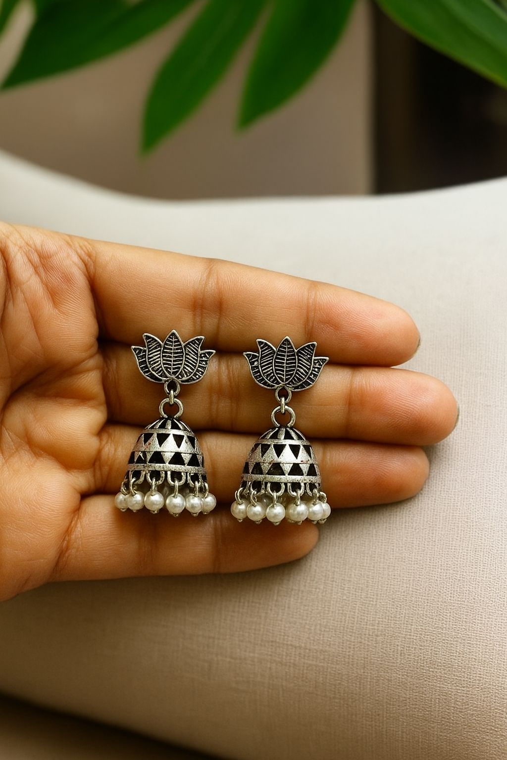 Handcrafted oxidised Lotus Earrings