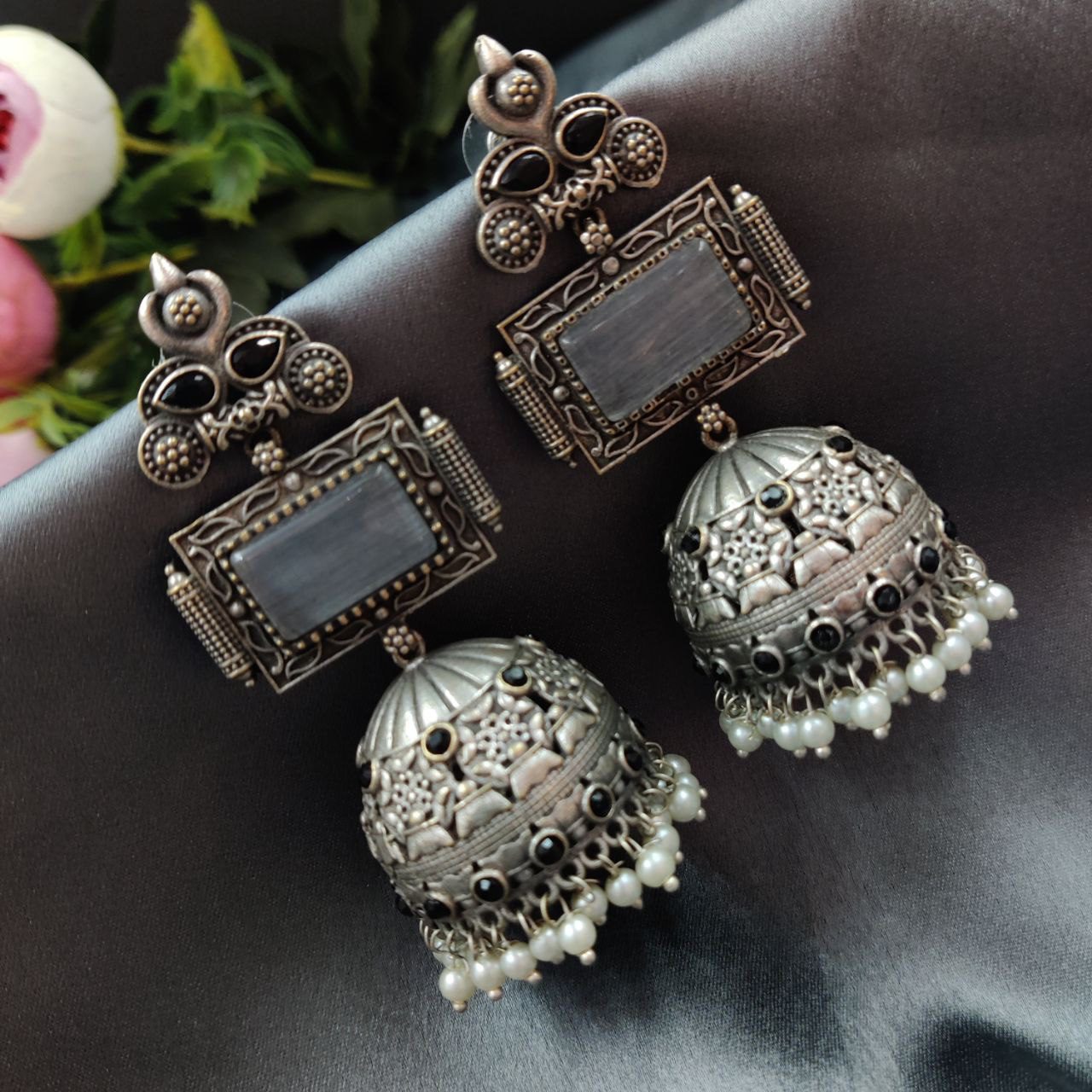 Unique Silver Replica Oxidised Jambo Jhumka