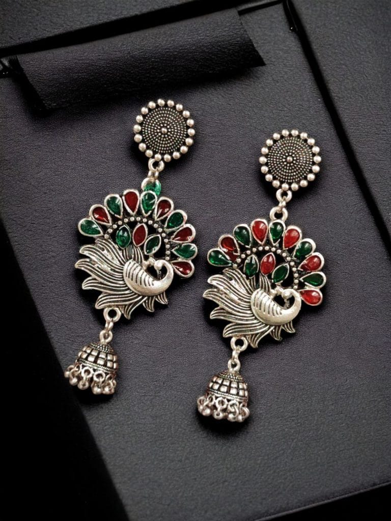 Traditional German Silver Meenawork Jhumki earrings
