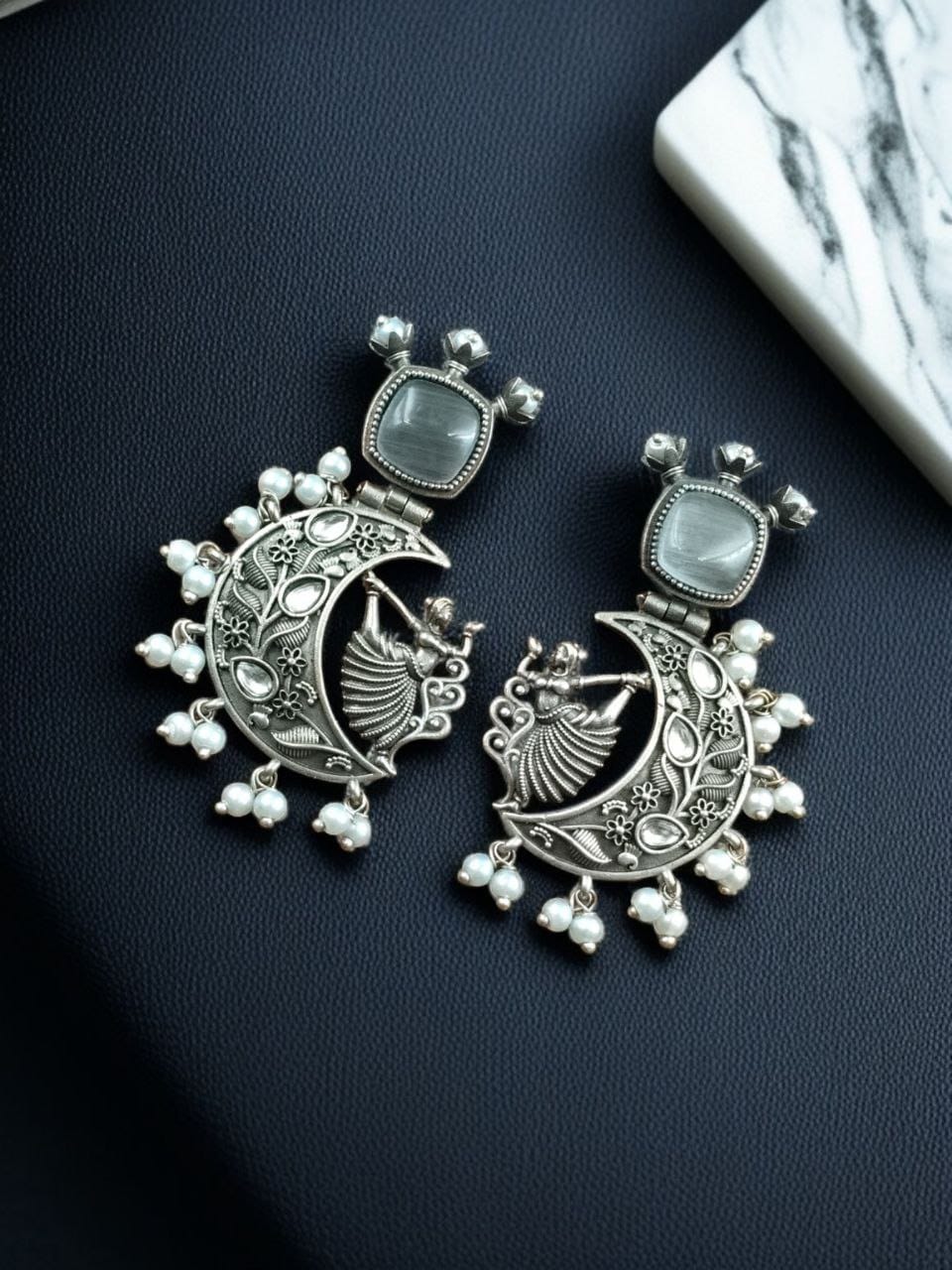 Dancing Girl Earrings with Floral Moon & Pearl detailing