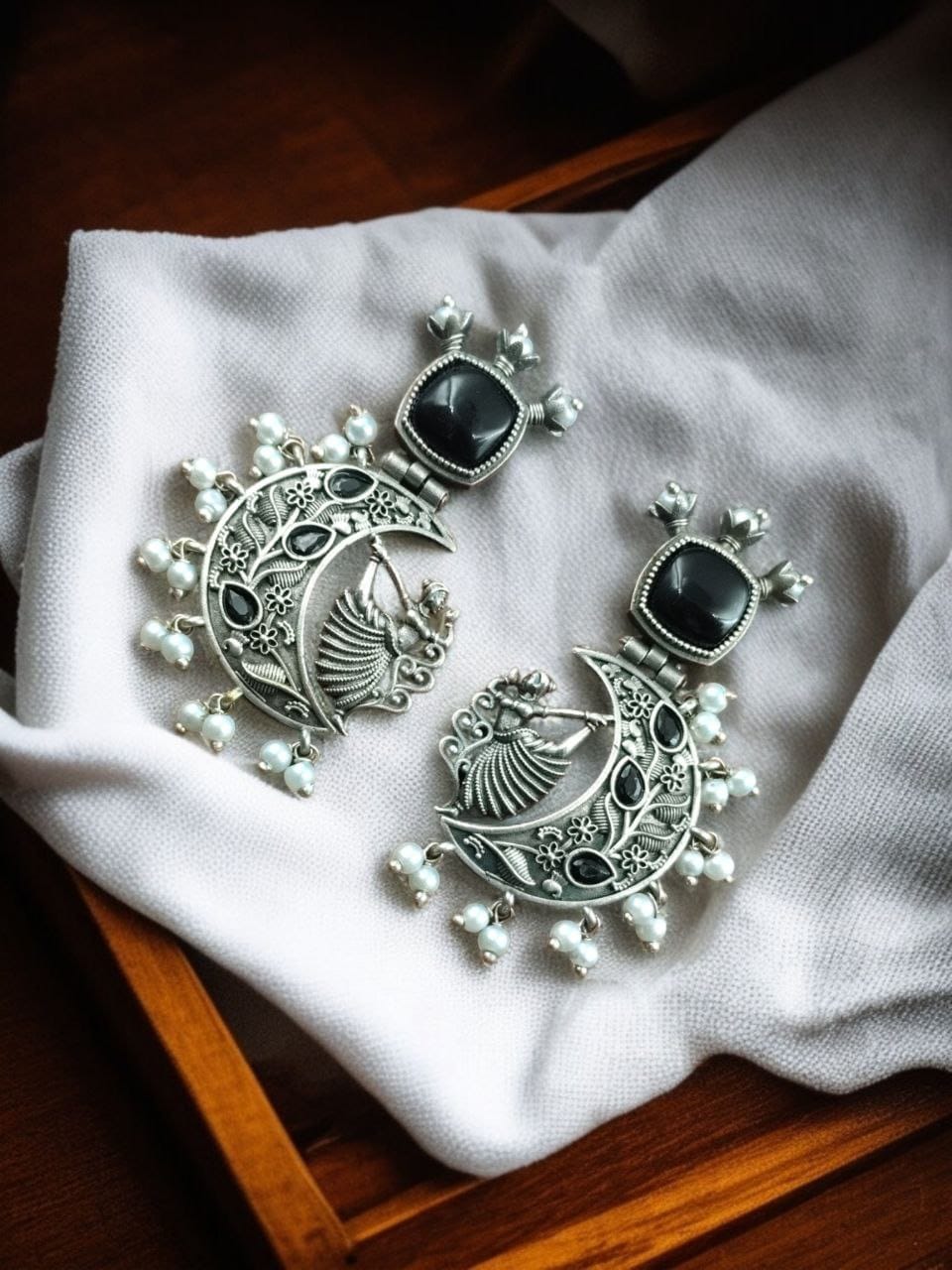 Dancing Girl Earrings with Floral Moon & Pearl detailing